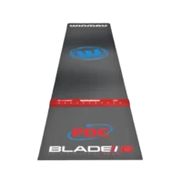 Cutting edge full length transparent PVC non-slip dart mat with fixed oche bar at official tournament measurement, so you can throw without looking down Finished in modern see through style and winmau branded graphics the ultimate floor protection and perfect throw conditions for any location