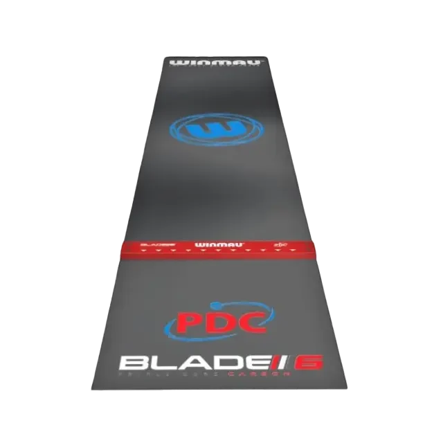 Cutting edge full length transparent PVC non-slip dart mat with fixed oche bar at official tournament measurement, so you can throw without looking down Finished in modern see through style and winmau branded graphics the ultimate floor protection and perfect throw conditions for any location